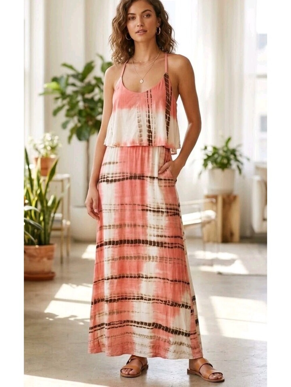Venus Sundress Womens 1X Pink Tie Dye Scoop Neck Strappy Maxi Boho Beach